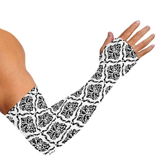 White And Black Damask Pattern Print Sun Protection Arm Sleeves