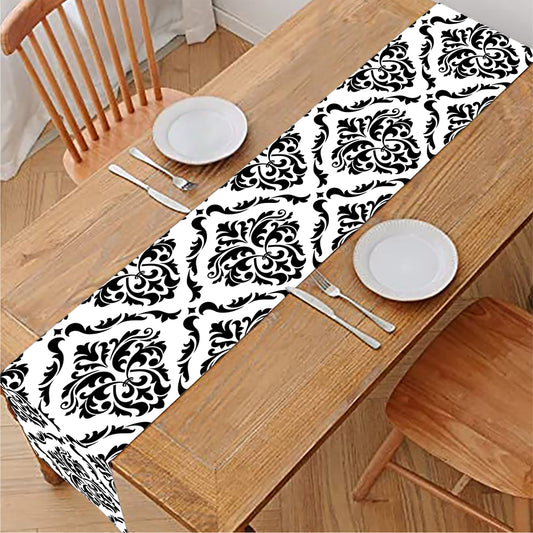White And Black Damask Pattern Print Table Runner