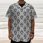 White And Black Damask Pattern Print Textured Short Sleeve Shirt