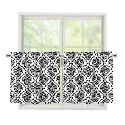 White And Black Damask Pattern Print Tier Curtains