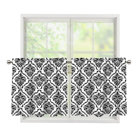White And Black Damask Pattern Print Tier Curtains
