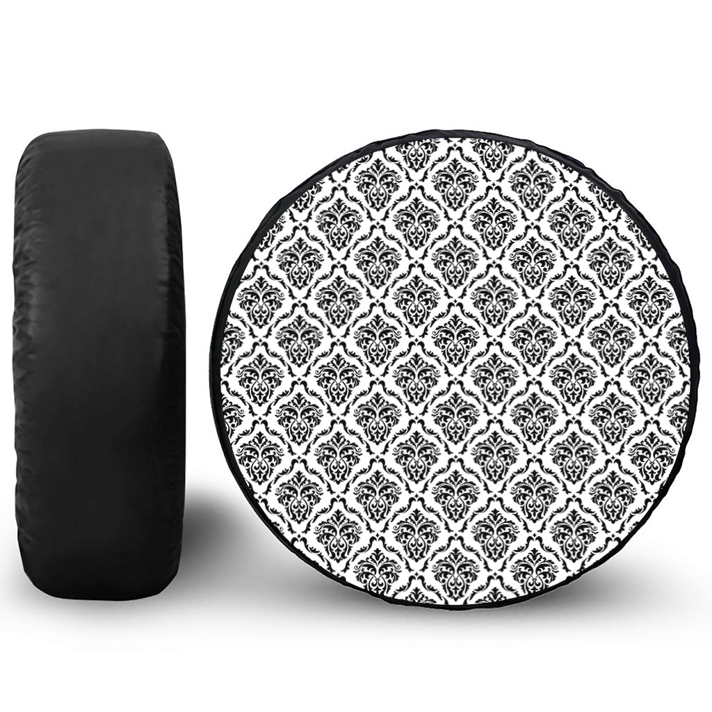 White And Black Damask Pattern Print Tire Cover