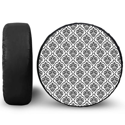 White And Black Damask Pattern Print Tire Cover
