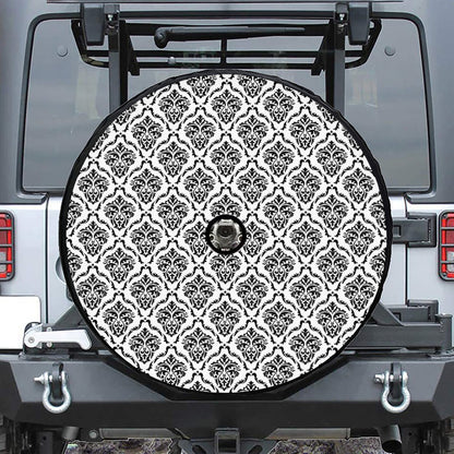 White And Black Damask Pattern Print Tire Cover With Camera Hole