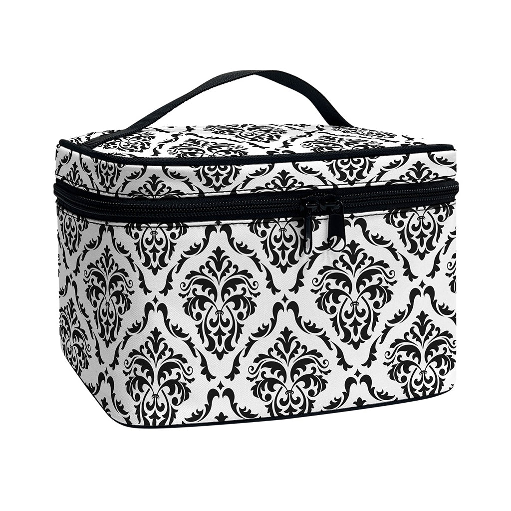 White And Black Damask Pattern Print Travel Makeup Bag