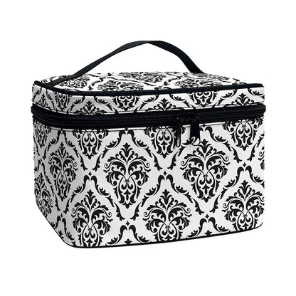 White And Black Damask Pattern Print Travel Makeup Bag