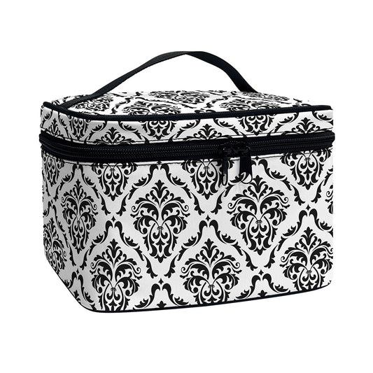 White And Black Damask Pattern Print Travel Makeup Bag