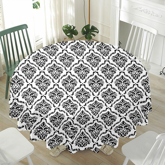 White And Black Damask Pattern Print Waterproof Round Tablecloth