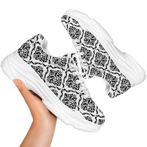 White And Black Damask Pattern Print White Chunky Shoes