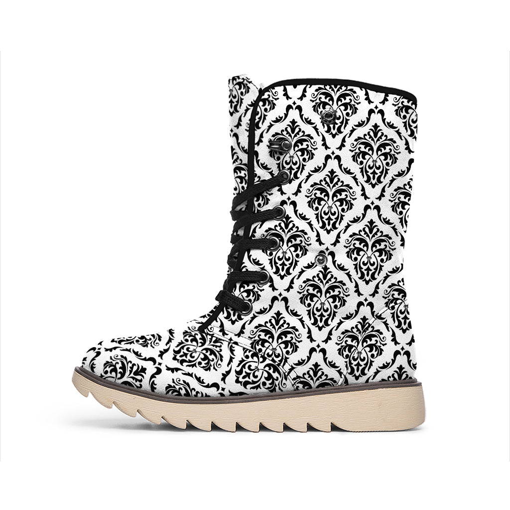 White And Black Damask Pattern Print Winter Boots