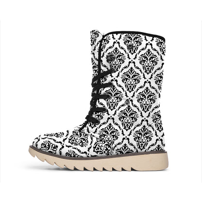 White And Black Damask Pattern Print Winter Boots