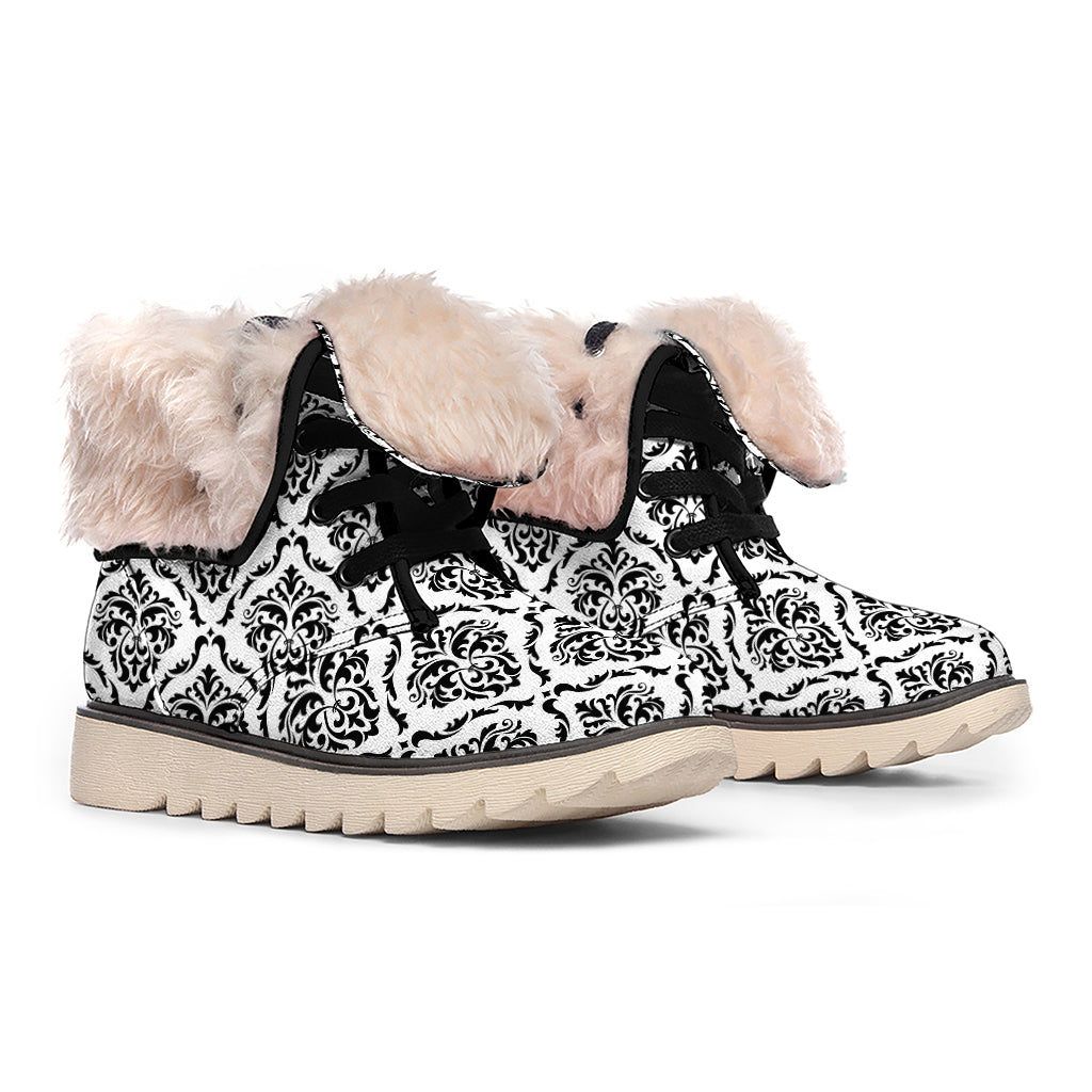 White And Black Damask Pattern Print Winter Boots