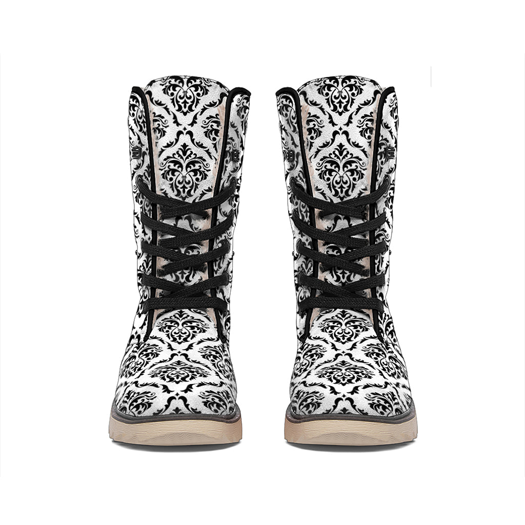 White And Black Damask Pattern Print Winter Boots