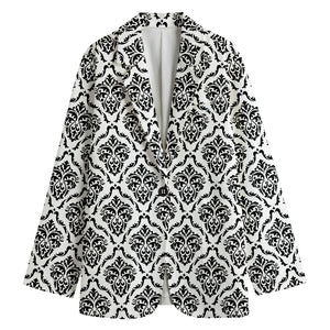 White And Black Damask Pattern Print Women's Cotton Blazer