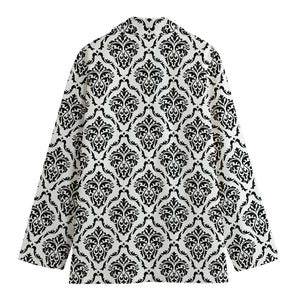 White And Black Damask Pattern Print Women's Cotton Blazer