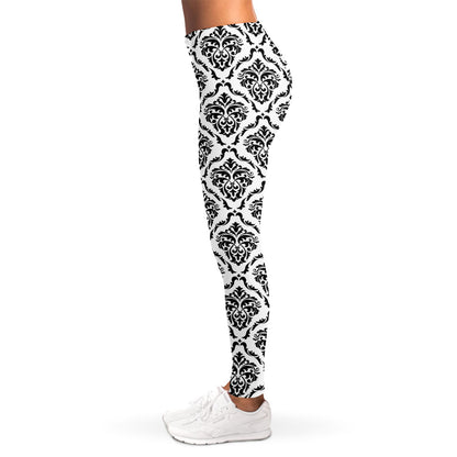 White And Black Damask Pattern Print Women's Leggings