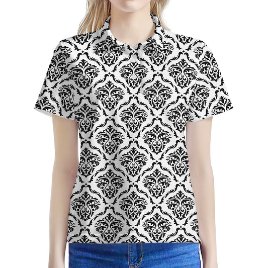 White And Black Damask Pattern Print Women's Polo Shirt