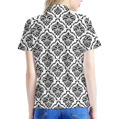 White And Black Damask Pattern Print Women's Polo Shirt