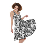 White And Black Damask Pattern Print Women's Sleeveless Dress