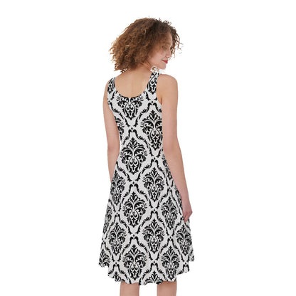 White And Black Damask Pattern Print Women's Sleeveless Dress