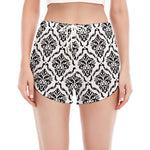 White And Black Damask Pattern Print Women's Split Running Shorts