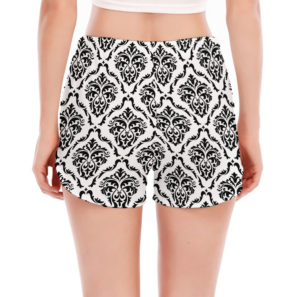 White And Black Damask Pattern Print Women's Split Running Shorts