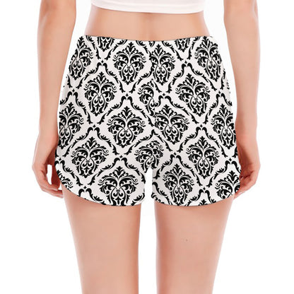 White And Black Damask Pattern Print Women's Split Running Shorts