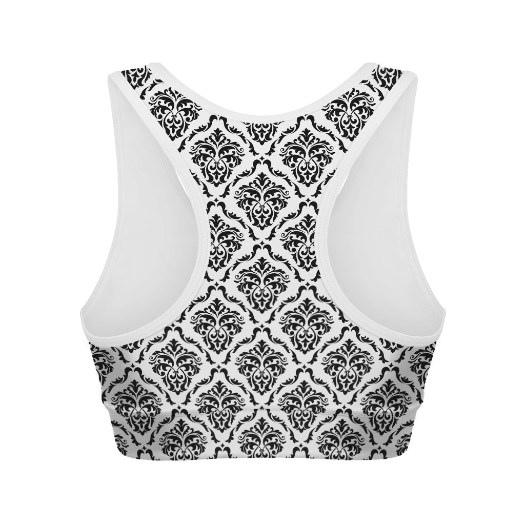 White And Black Damask Pattern Print Women's Sports Bra