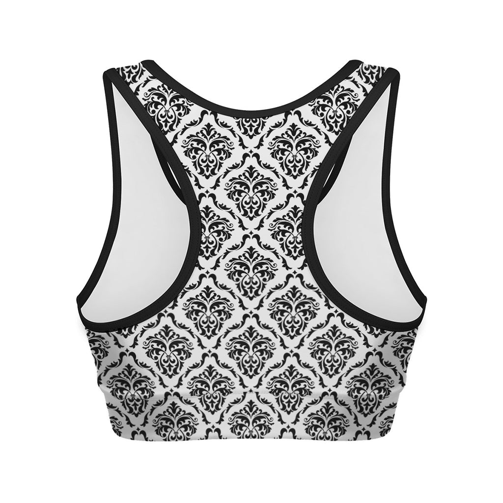 White And Black Damask Pattern Print Women's Sports Bra