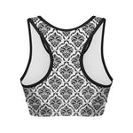 White And Black Damask Pattern Print Women's Sports Bra