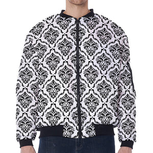 White And Black Damask Pattern Print Zip Sleeve Bomber Jacket