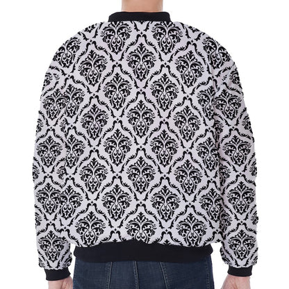 White And Black Damask Pattern Print Zip Sleeve Bomber Jacket