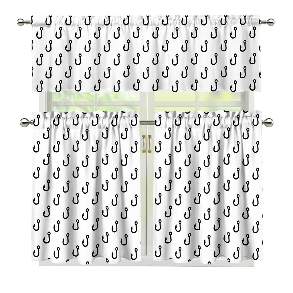 White And Black Fishing Hooks Print 3 Piece Kitchen Curtains