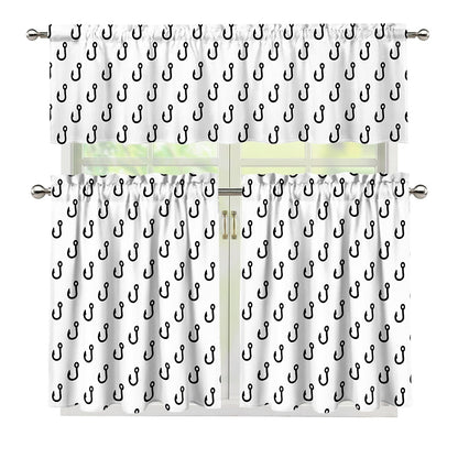 White And Black Fishing Hooks Print 3 Piece Kitchen Curtains