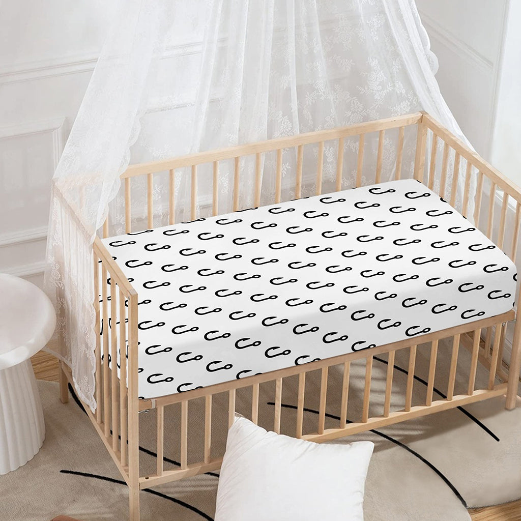 White And Black Fishing Hooks Print Baby Crib Sheet