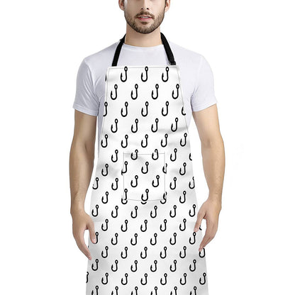 White And Black Fishing Hooks Print Bib Apron With Pocket