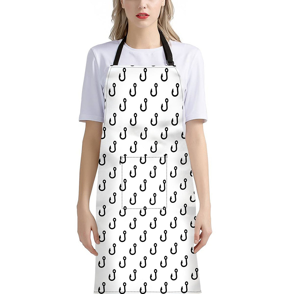 White And Black Fishing Hooks Print Bib Apron With Pocket