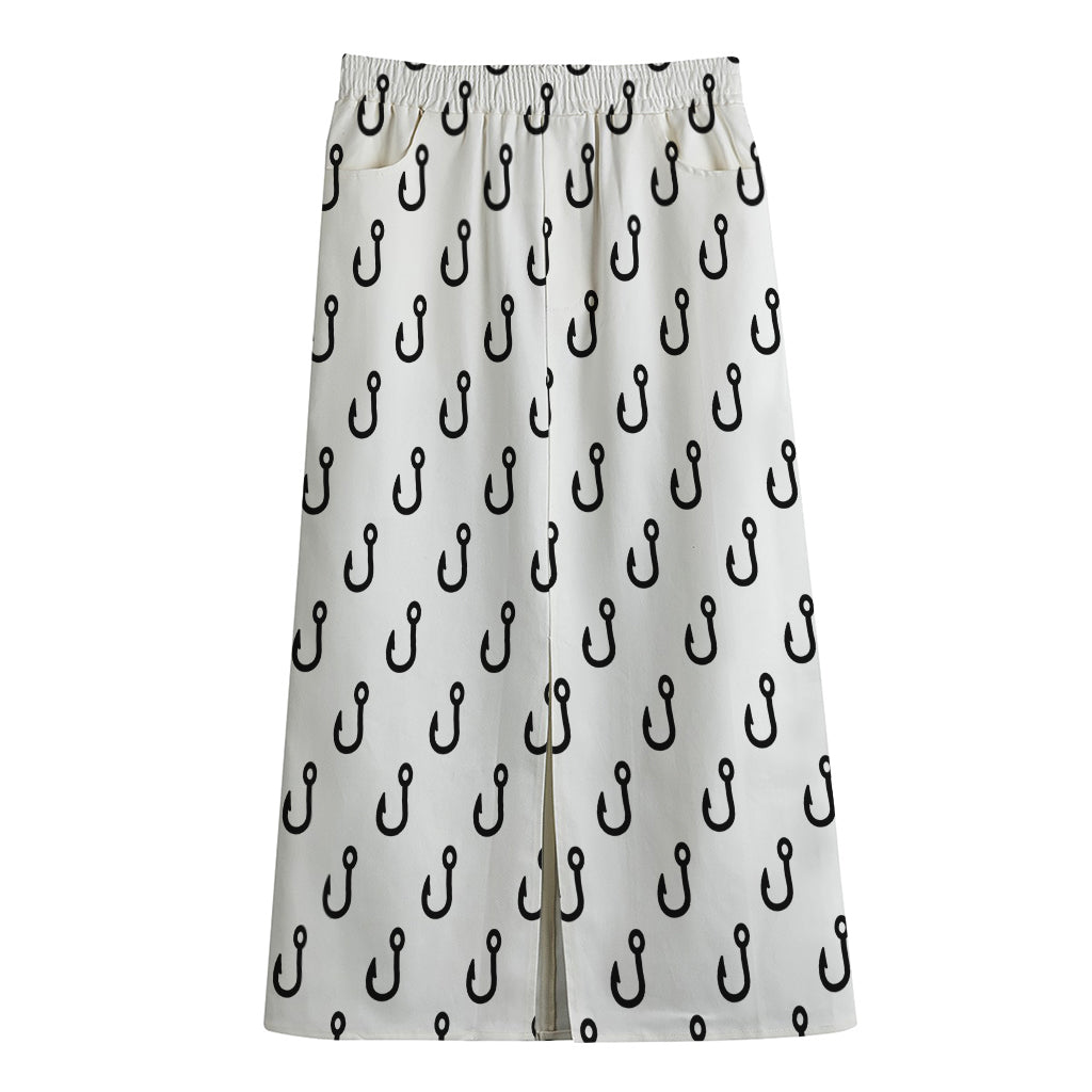 White And Black Fishing Hooks Print Cotton Front Slit Maxi Skirt