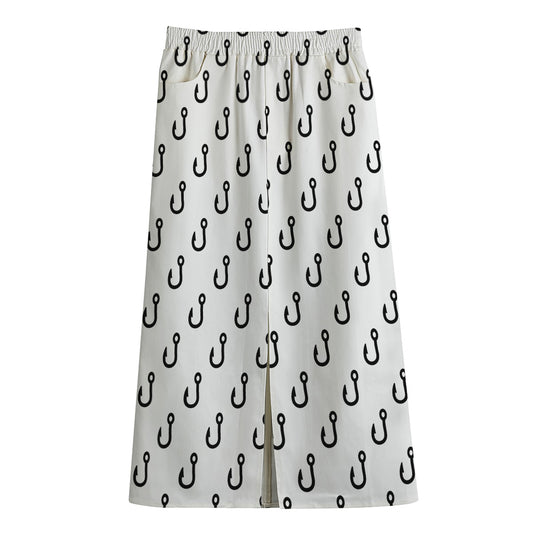 White And Black Fishing Hooks Print Cotton Front Slit Maxi Skirt