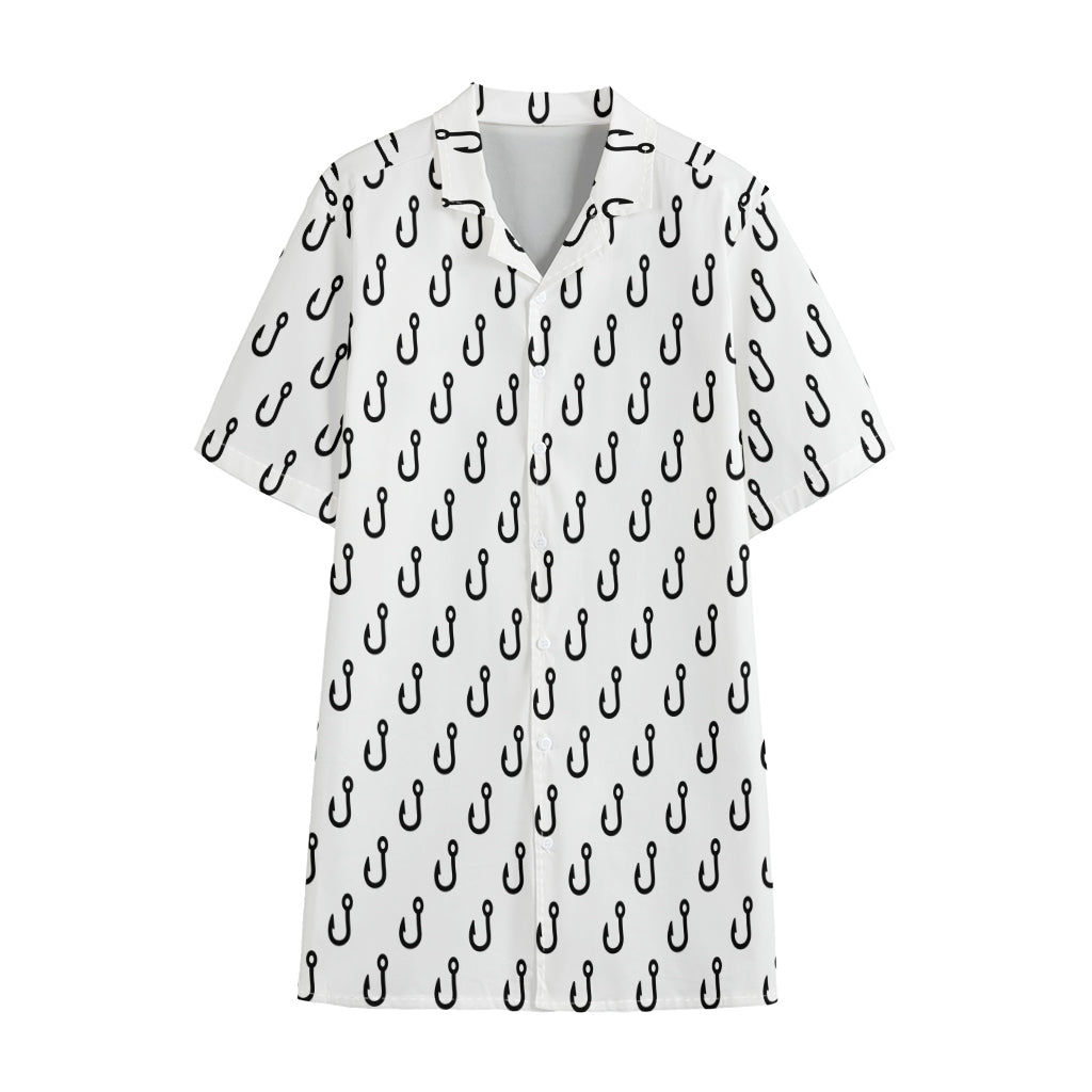 White And Black Fishing Hooks Print Cotton Hawaiian Shirt