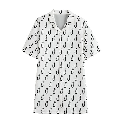 White And Black Fishing Hooks Print Cotton Hawaiian Shirt