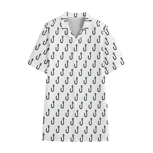 White And Black Fishing Hooks Print Cotton Hawaiian Shirt