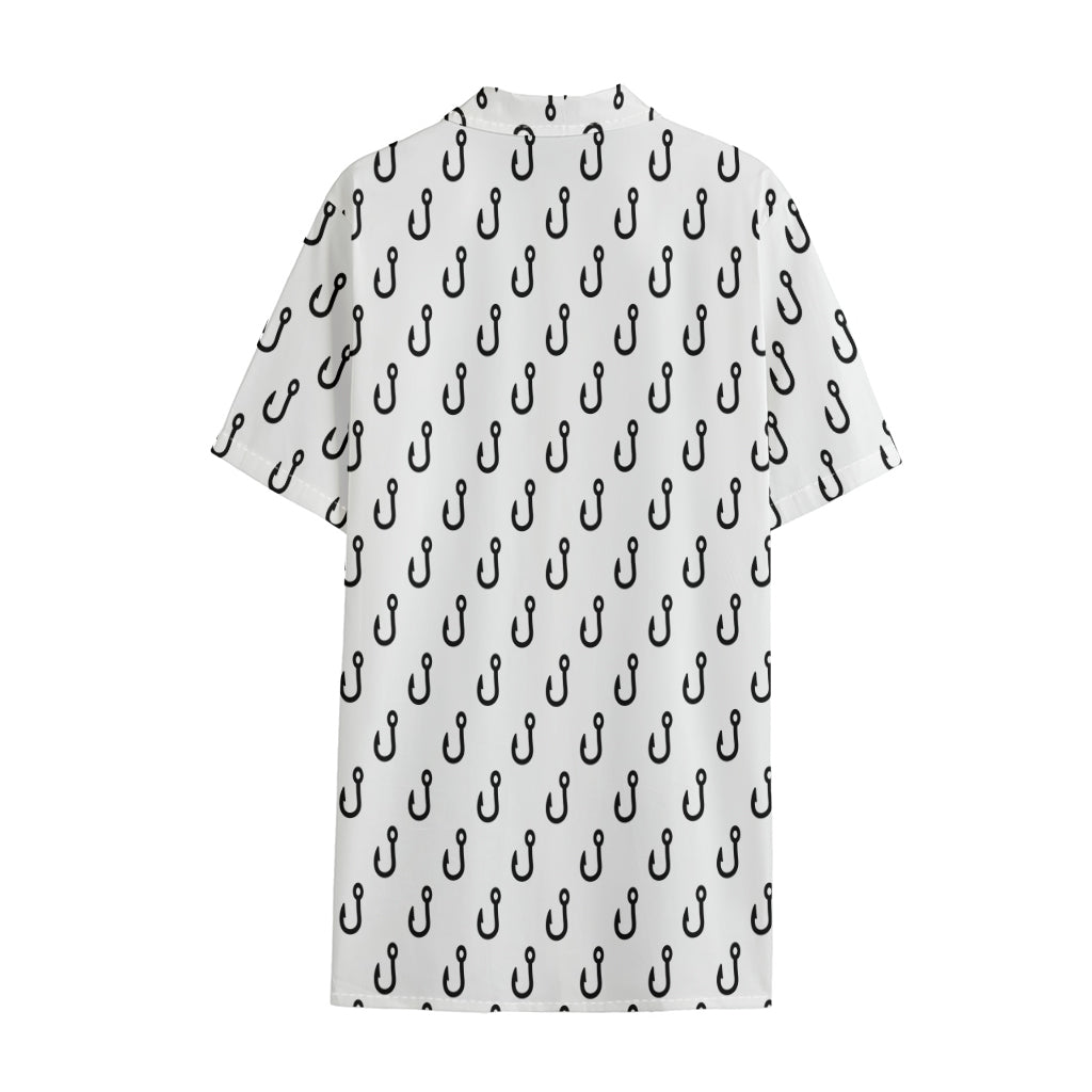 White And Black Fishing Hooks Print Cotton Hawaiian Shirt