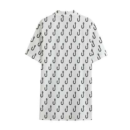 White And Black Fishing Hooks Print Cotton Hawaiian Shirt