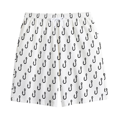 White And Black Fishing Hooks Print Cotton Shorts