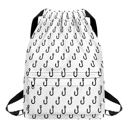White And Black Fishing Hooks Print Drawstring Backpack