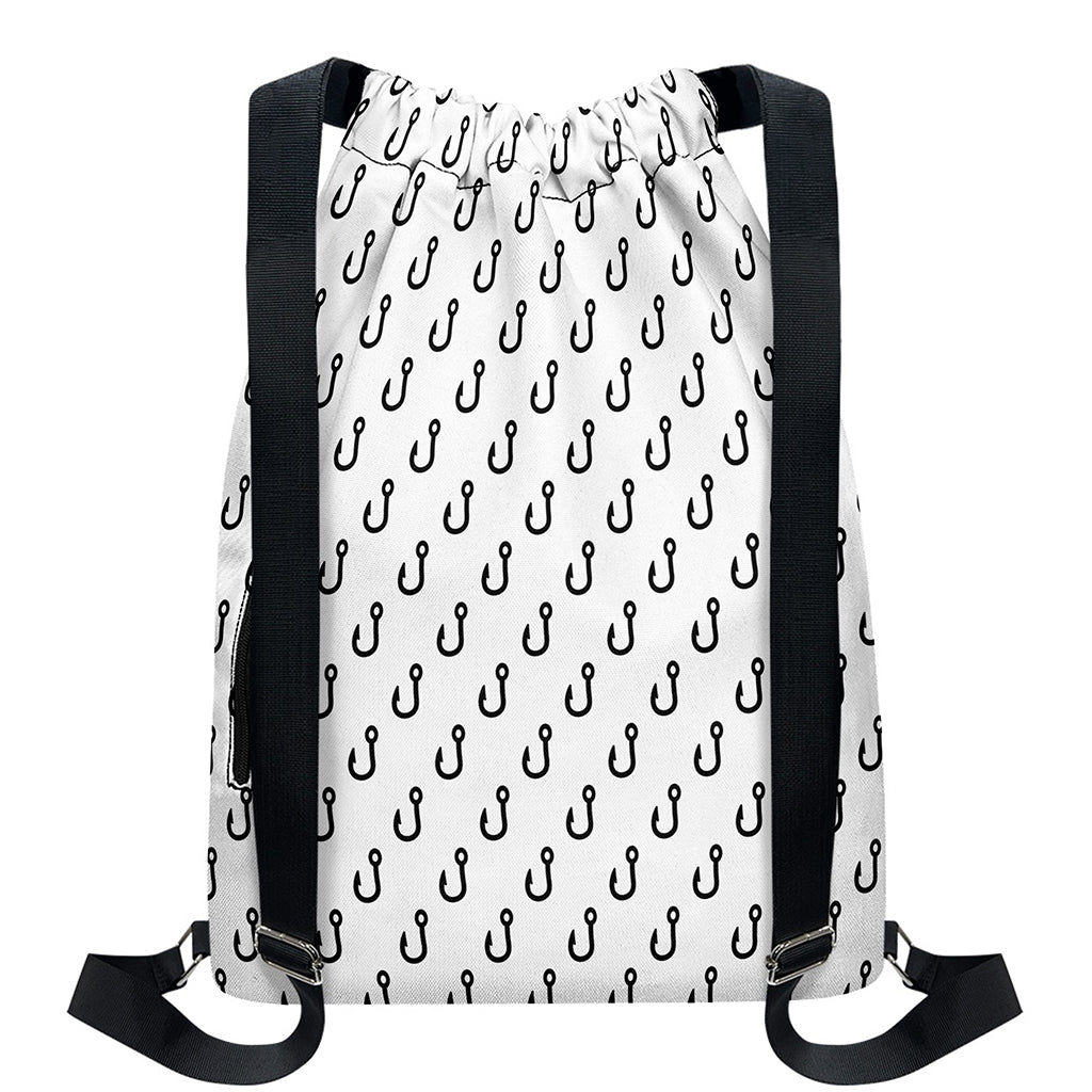 White And Black Fishing Hooks Print Drawstring Backpack