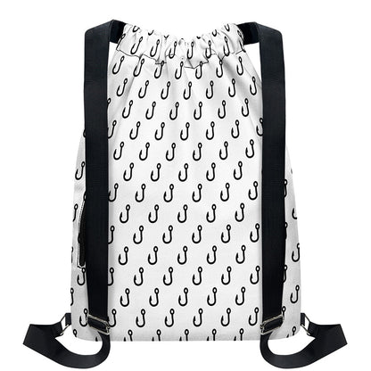 White And Black Fishing Hooks Print Drawstring Backpack