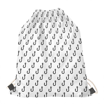 White And Black Fishing Hooks Print Drawstring Bag