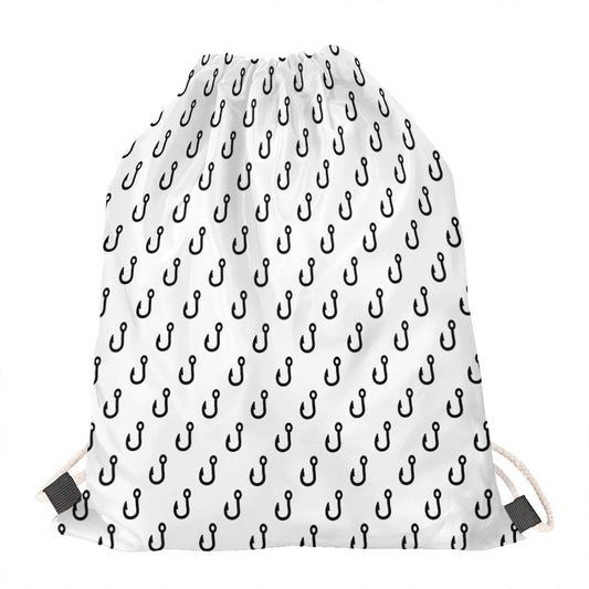 White And Black Fishing Hooks Print Drawstring Bag
